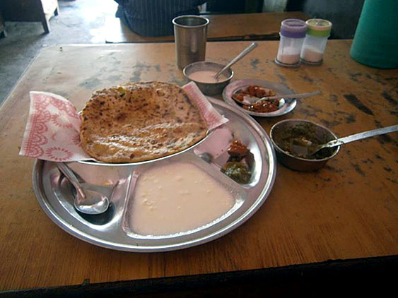 3. Breakfast, Paratha - fried thin bread, Dahi - yoghurt, Vegetables and pickles
