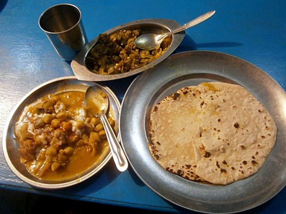 4. Lunch, Chapati - thin baked bread, Vegetable curries - chick peas and okra